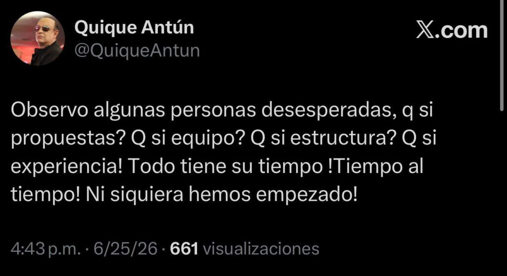 "Quique Antún asks for patience regarding questions about the PRSC: "We haven't even started yet"" | 1 | "Quique Antún asks for patience regarding questions about the PRSC: "We haven't even started yet"" | De Último Minuto English