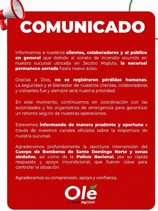 Fire forces temporary closure of Olé branch on Jacobo Majluta | De Último Minuto English