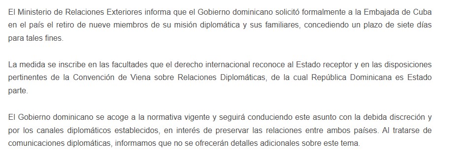 Article 9 of the Vienna Convention supports the expulsion of Cuban diplomats from the DR | De Último Minuto English